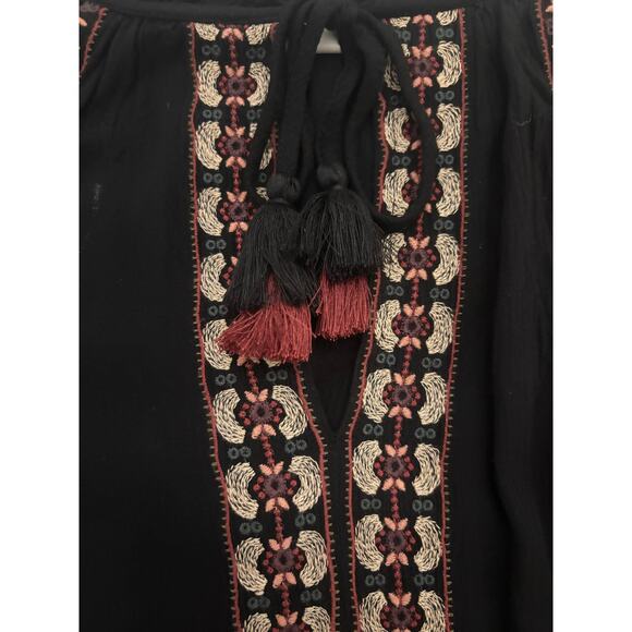 American Eagle Black Boho Embroidered Peasant Top Tassel Tie Neck Long Sleeve S - Picture 8 of 10